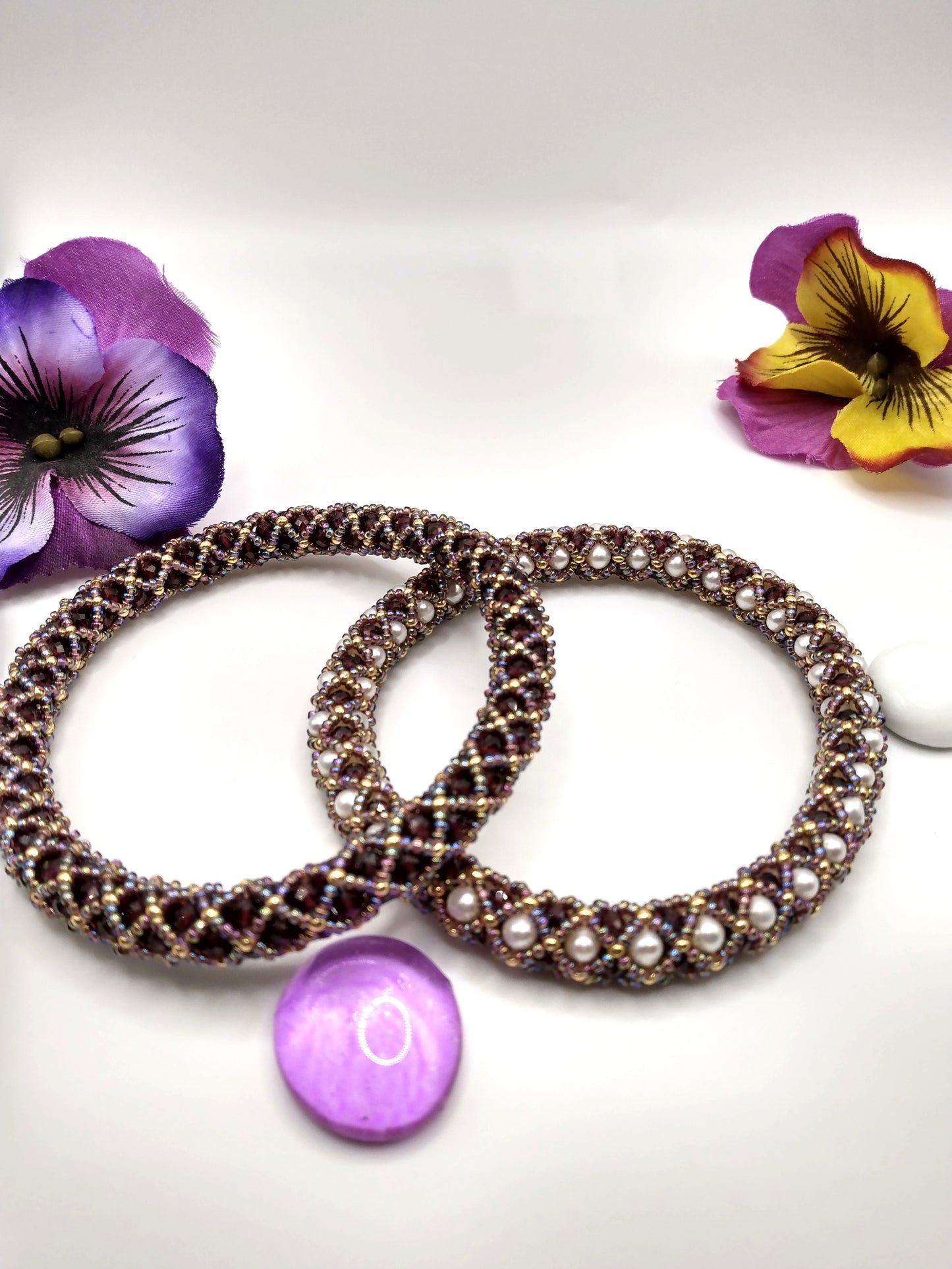 Garnet and Freshwater pearl bangles