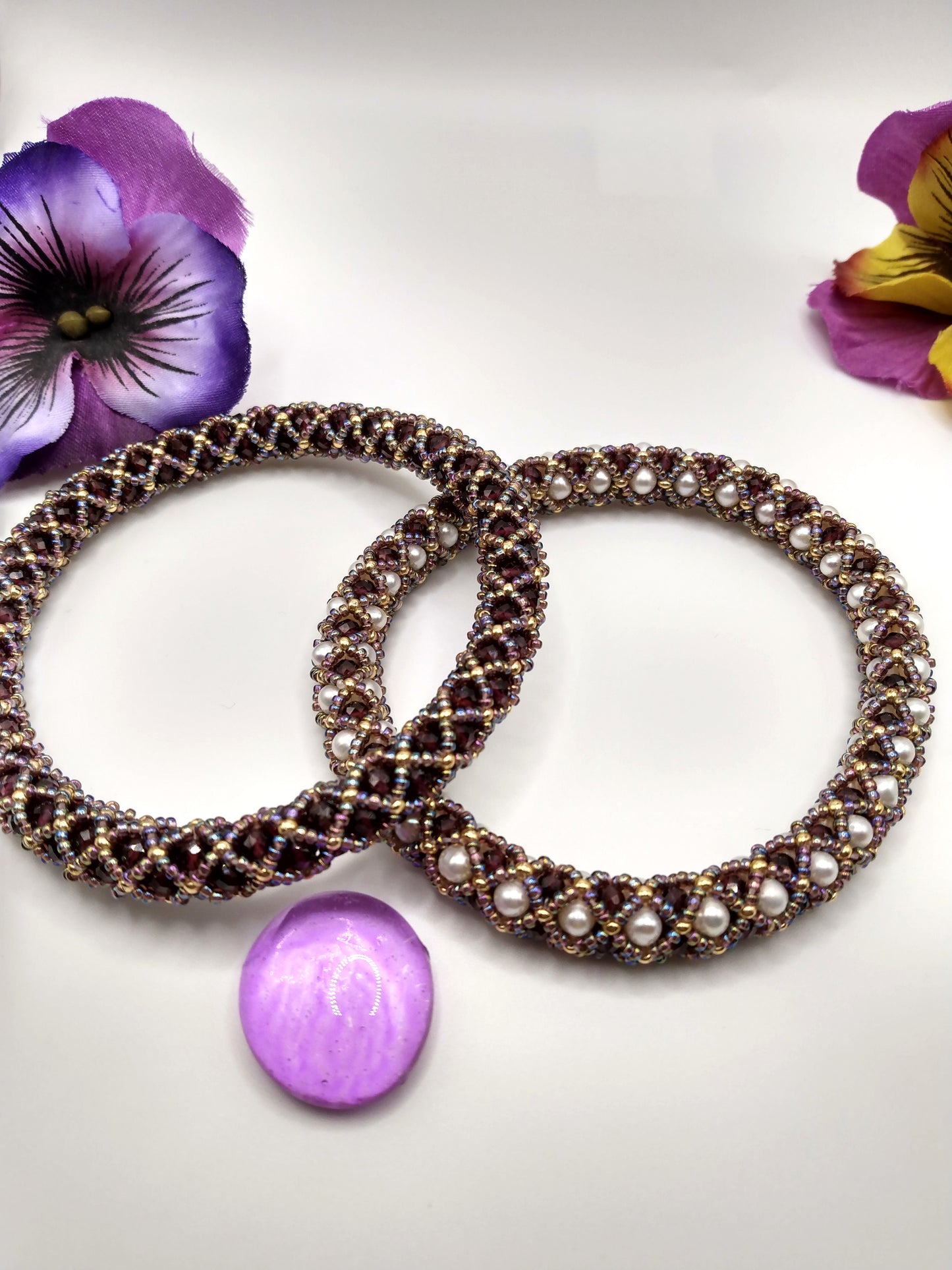 Garnet and Freshwater pearl bangles