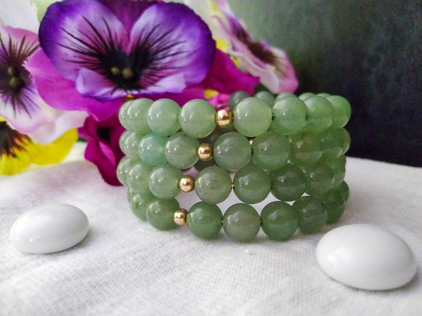 Green Aventurine and Gold Fill Memory Wire Bangle
