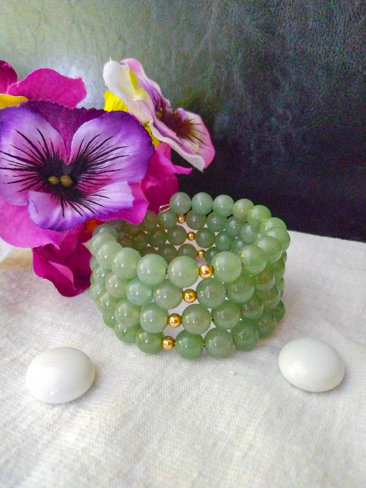 Green Aventurine and Gold Fill Memory Wire Bangle
