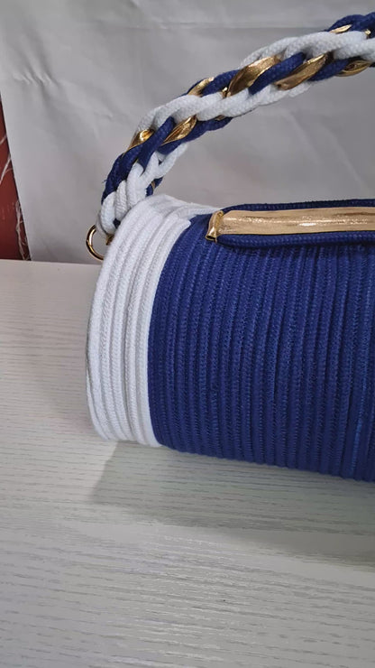 Royal blue and white rope/cord purse.