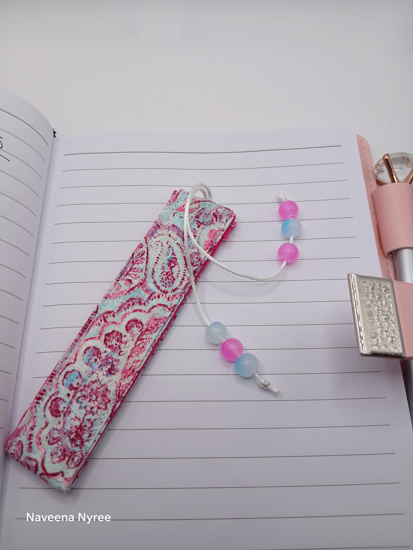 Pink fabric beaded bookmark