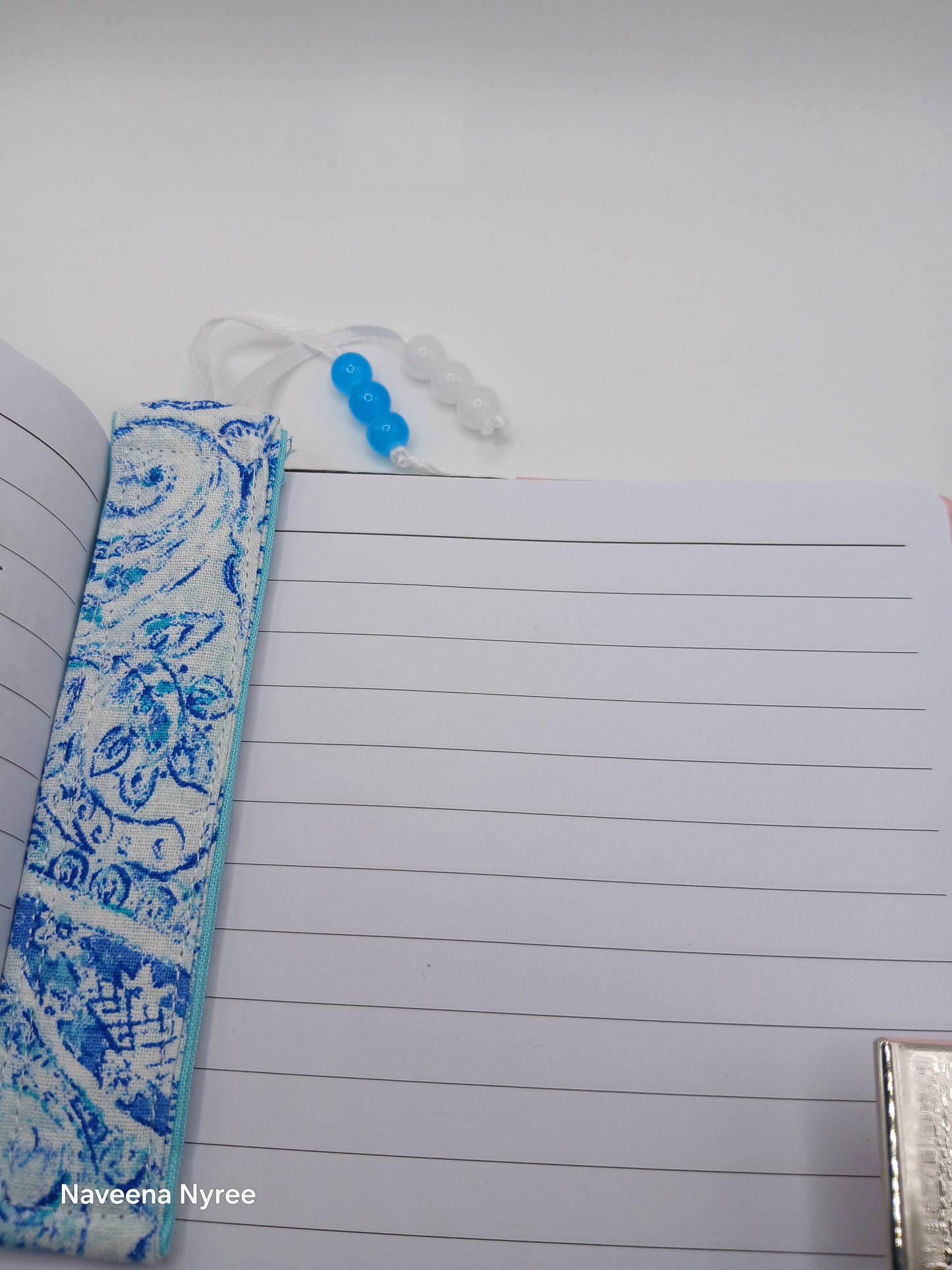 Fabric beaded bookmark (blue)