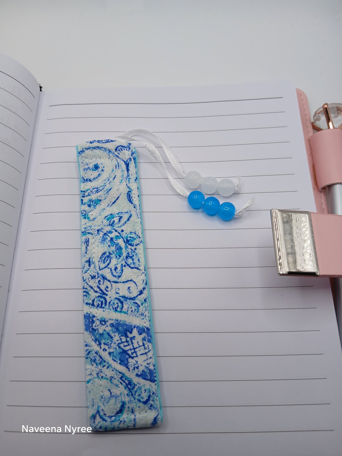 Fabric beaded bookmark (blue)