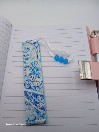 Fabric beaded bookmark (blue)