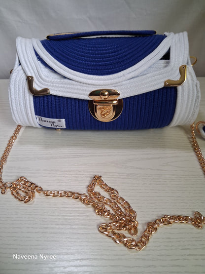 Royal blue and white rope/cord purse.