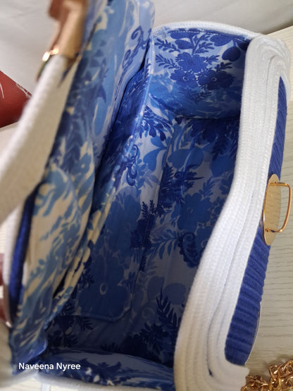 Royal blue and white rope/cord purse.
