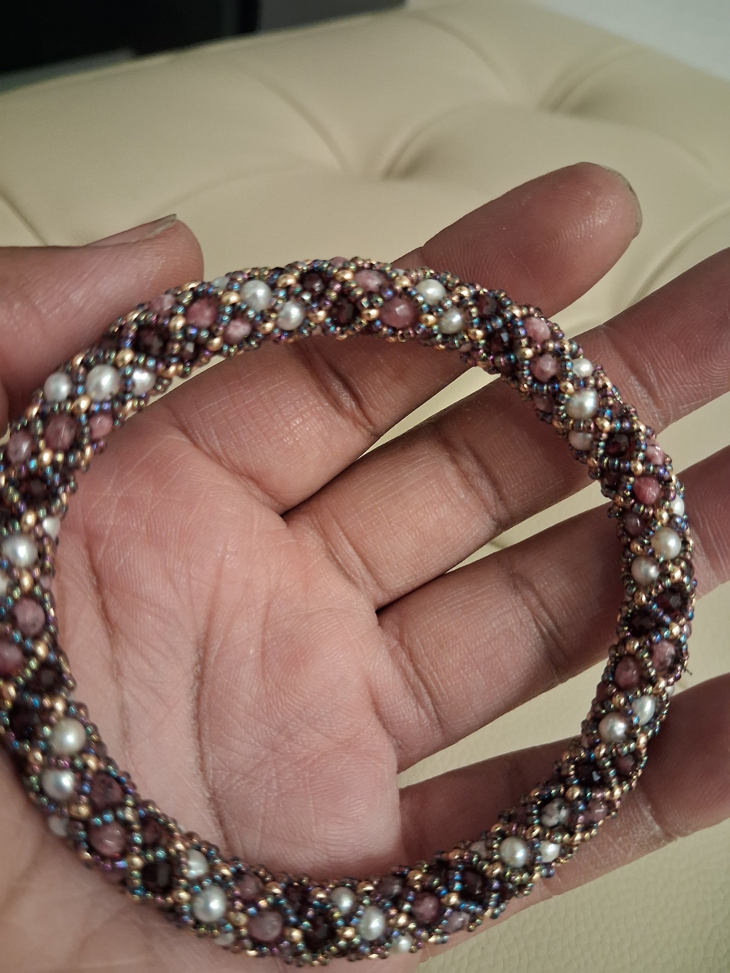 Garnet and Freshwater pearl bangles