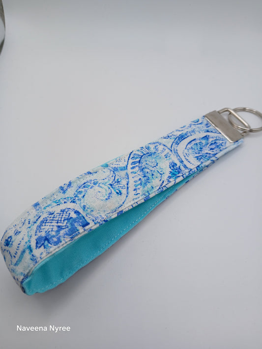 Teal, blue and white wristlet Keychain