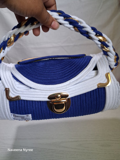 Royal blue and white rope/cord purse.
