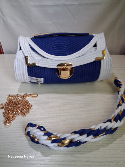 Royal blue and white rope/cord purse.